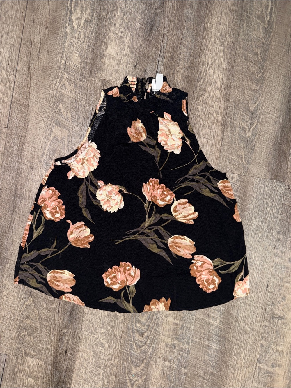 a new day Black Floral Sleeveless Tank with Peach Blooms